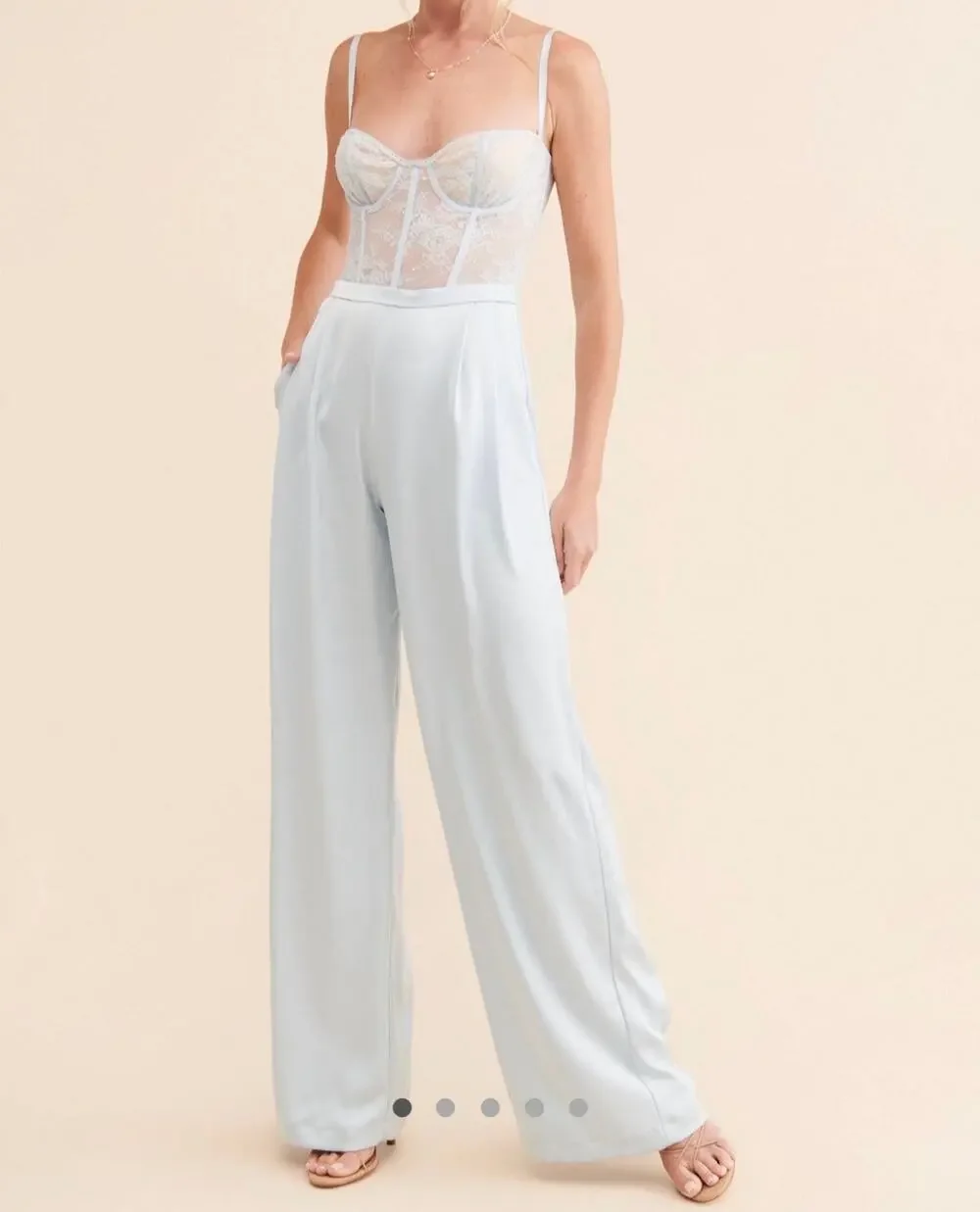 Katie May Tink Lace Bodice Jumpsuit Blue Satin Wide Leg Size M